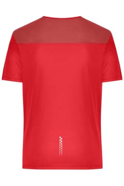 A red men's running T-shirt featuring a mesh upper panel and a logo on the back.