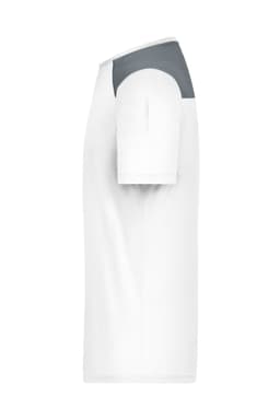 A men's running t-shirt featuring a white body and grey shoulder detail, with a logo on the sleeve.
