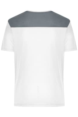 A men's running T-shirt featuring a white body with a grey upper section and a logo.