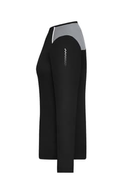A long sleeve ladies running shirt in black with grey accents and a logo on the sleeve.
