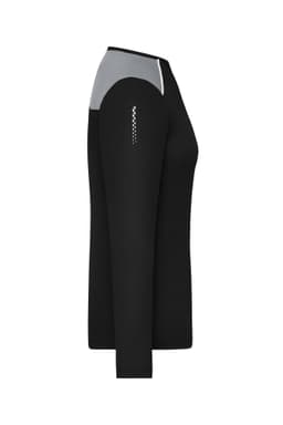 A long-sleeve ladies' running shirt in black with a grey shoulder panel and a logo on the side.