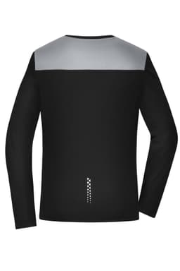 A long-sleeve ladies running shirt in black with a grey upper section and a logo on the back.