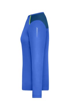 A long-sleeve ladies running shirt in blue with a dark blue and yellow accent, featuring a logo on the sleeve.