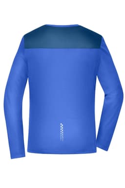 A long-sleeve ladies' running shirt in vibrant blue, featuring a contrasting navy yoke and a logo on the back.