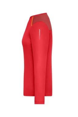 A long-sleeve running shirt in red with a mesh panel and a logo on the sleeve.