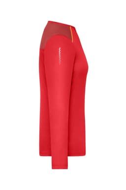 A long-sleeve ladies running shirt in red, featuring a contrasting panel and a logo on the side.