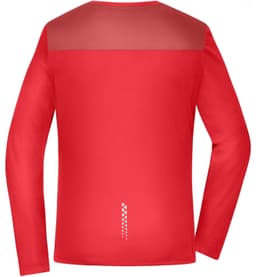 A long-sleeve ladies' running shirt in vibrant red, featuring a mesh back panel and a logo.