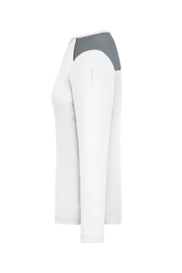 A long-sleeve ladies' running shirt in white with a grey shoulder panel and a logo on the sleeve.