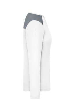 A long-sleeve ladies running shirt in white with a grey accent on the back and a logo.
