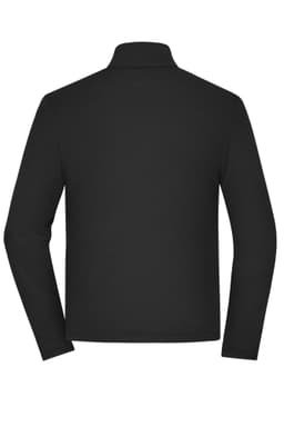 A black men's sports structured fleece jacket with long sleeves and a high collar, featuring a logo.