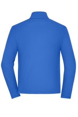 A blue men's sports structured fleece jacket with long sleeves and a high collar, featuring a logo.