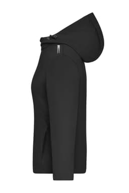 A black ladies' softshell jacket featuring a hood, with a zippered front and side pocket openings.