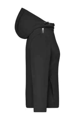 A black ladies' softshell jacket with a hood, featuring zip pockets and a logo detail.
