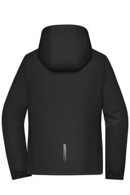 A black ladies' softshell jacket with a hood, featuring a logo on the back.