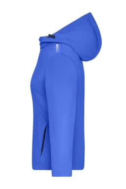 A blue ladies' sports softshell jacket featuring a hood and side pockets, with a logo on the shoulder.