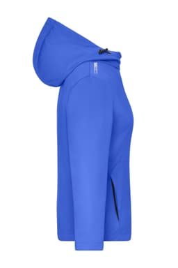 A blue softshell jacket with a hood and a logo, featuring a sleek design and side pockets.