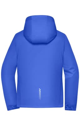 A blue softshell jacket with a hood and a logo on the back. The jacket features a simple, modern design.