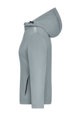 A softshell jacket in light grey with a hood and side zip pockets. The jacket features a logo on the shoulder.