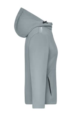 A ladies' softshell jacket in light grey, featuring a hood and side pockets, with a logo on the sleeve.