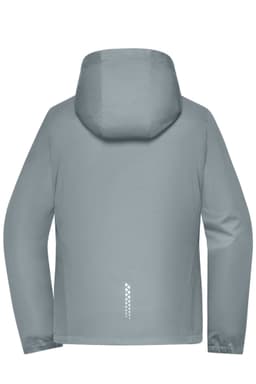 A grey softshell jacket with a hood, featuring a logo on the back and a reflective design detail at the bottom.