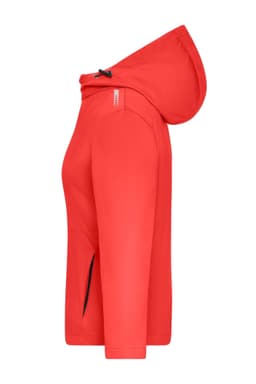 A red ladies sports softshell jacket featuring a hood and side pockets, with a logo on the sleeve.