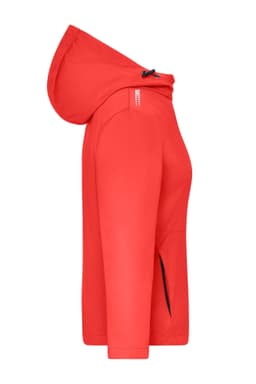 A red ladies sports softshell jacket with a hood, featuring a zip closure and side pockets.
