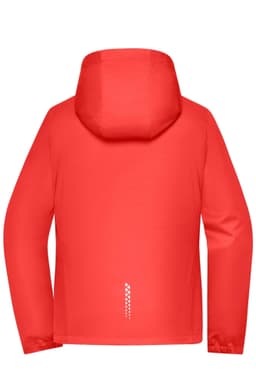 A red ladies sports softshell jacket with a hood, featuring a logo and a sleek design.
