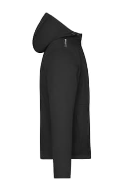 A men's softshell jacket in black, featuring a hood and a sleek side profile. The jacket includes branding.