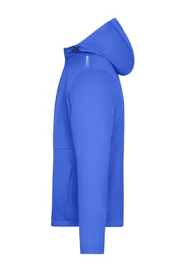 A blue men's softshell jacket with a hood, featuring a logo on the chest and a sleek, modern design.