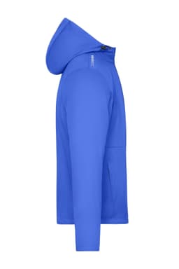 A blue men's sports softshell jacket with a hood and a logo, featuring a smooth texture and a side view.