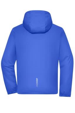A men's softshell jacket in bright blue with a hood and a logo on the back.