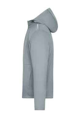 A softshell jacket in light grey with a hood, featuring a logo on the sleeve.