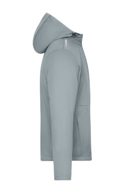 A men's sports softshell jacket in grey, featuring a hood and side pockets, with branding present.
