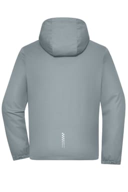 A softshell jacket in light grey with a hood and a logo on the back.