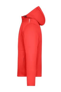 A red men's sports softshell jacket featuring a hood and a logo, shown from the side.