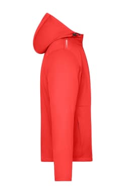 A red men's sports softshell jacket with a hood, featuring a sleek design and a logo.