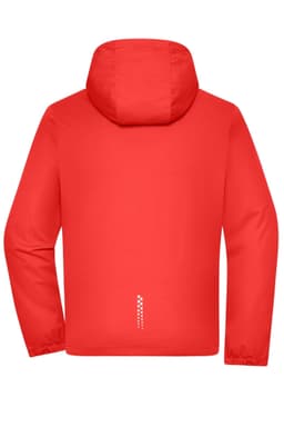 A red men's sports softshell jacket with a hood and a logo on the back.