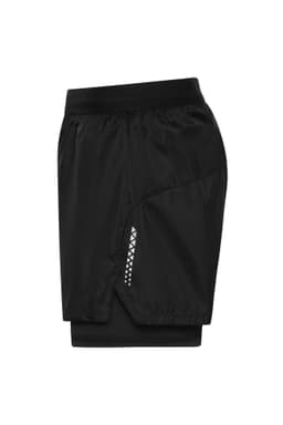 A pair of black sports shorts with a mesh lining and reflective detailing. The shorts have an elastic waistband and a logo.