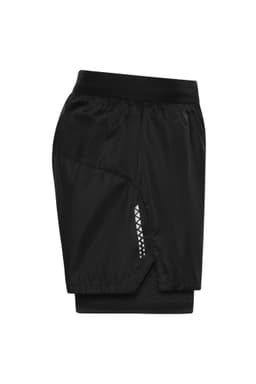 A pair of black ladies running shorts with a lightweight design and mesh lining, featuring a logo.