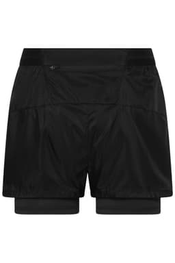 Black ladies' running shorts featuring a layered design and a small pocket. Includes a logo.