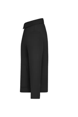 A black unisex shirt jacket with a collar and side pocket, featuring a minimalist design.