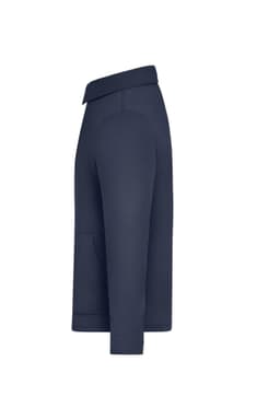 A navy unisex shirt jacket featuring a collar and side pocket, with a simple design and no visible logos.
