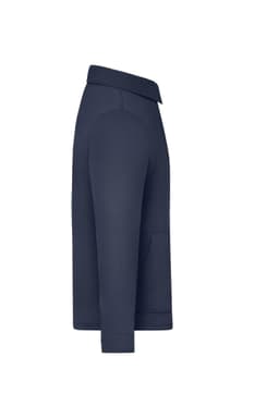 A navy unisex shirt jacket with long sleeves and a collar, featuring a side pocket and a branding logo.