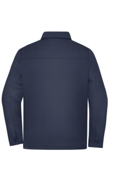 A unisex shirt jacket in navy blue with long sleeves and a collar. Features buttons on the cuffs and a logo.