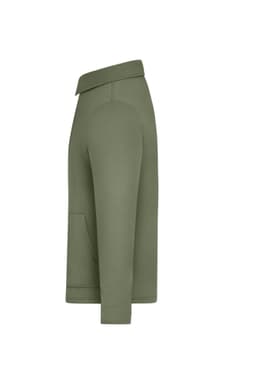 A unisex shirt jacket in olive green, featuring a collar and side pocket. It has a simple logo on the fabric.