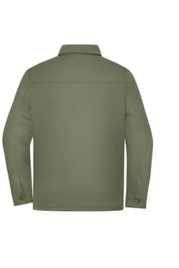 A unisex jacket in olive green with a collar and long sleeves. Features a back view design.