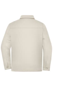 A unisex shirt jacket in cream with a collar and long sleeves, featuring a logo on the back.