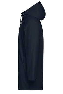 A unisex raincoat in dark navy, featuring a hood and a straight silhouette, with a visible logo.