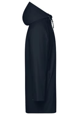 A unisex navy raincoat with a hood, featuring a simple design and a side view. It has a logo on the front.
