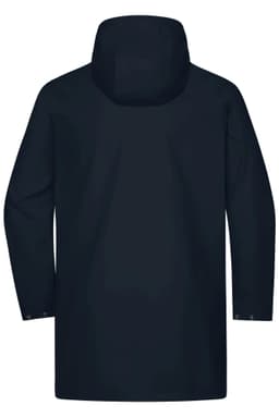 A unisex raincoat in navy blue, featuring a hood and long sleeves, with a logo on the back.